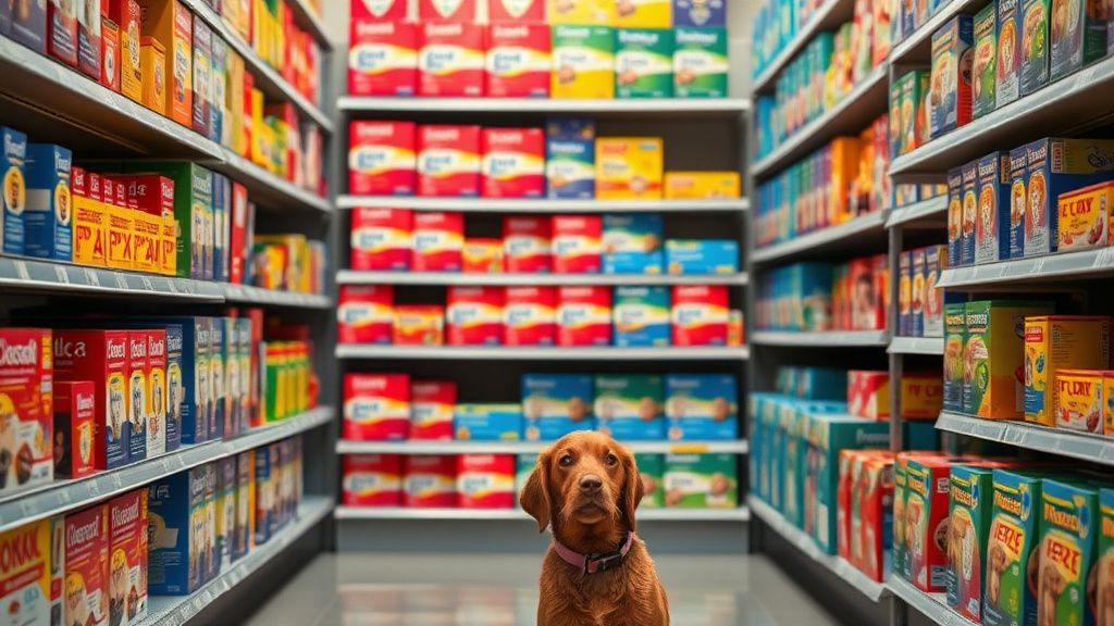 A person looking overwhelmed at a pet store shelf packed with colorful flea and 