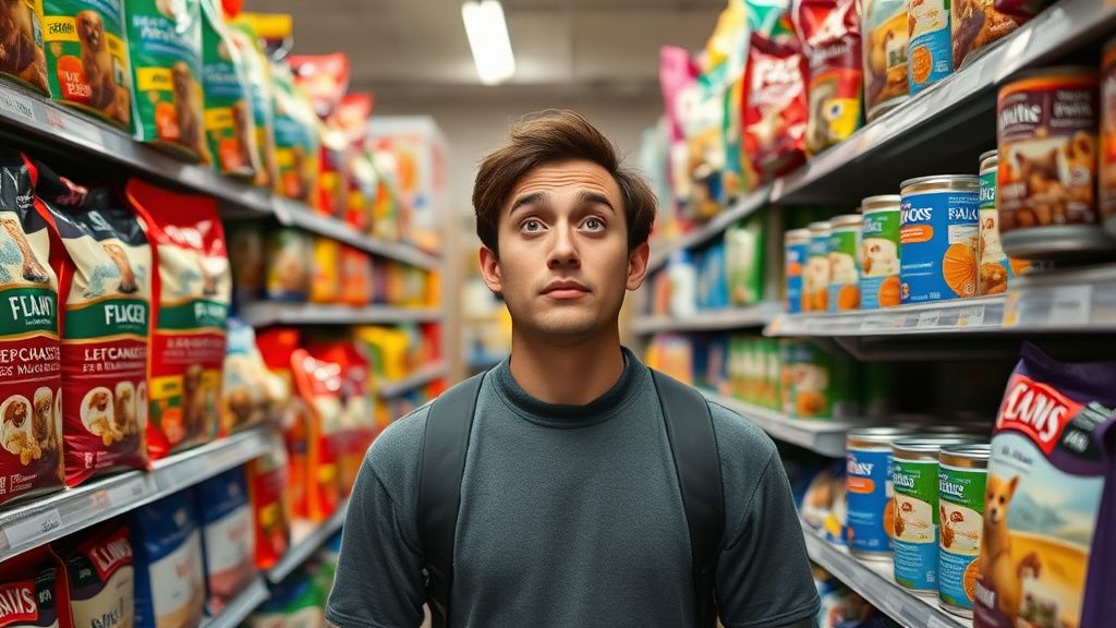 A person looking overwhelmed in a pet store aisle, surrounded by colorful bags a