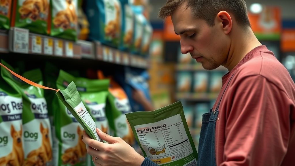 A person looking thoughtfully at dog food bags on a store shelf, holding one bag