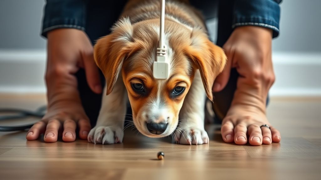 A person on their hands and knees at a puppy's eye level, spotting a dangling el