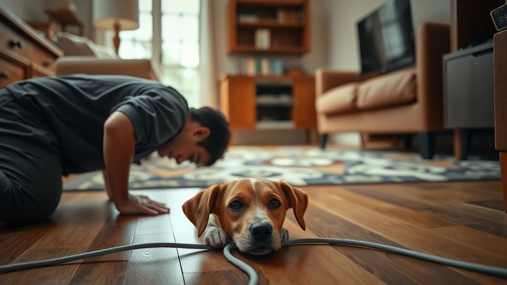 A person on their hands and knees, crawling on the floor to view a living room f