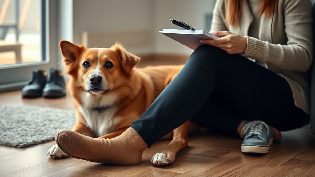 A person quietly observing and taking notes as their dog relaxes nearby, with co