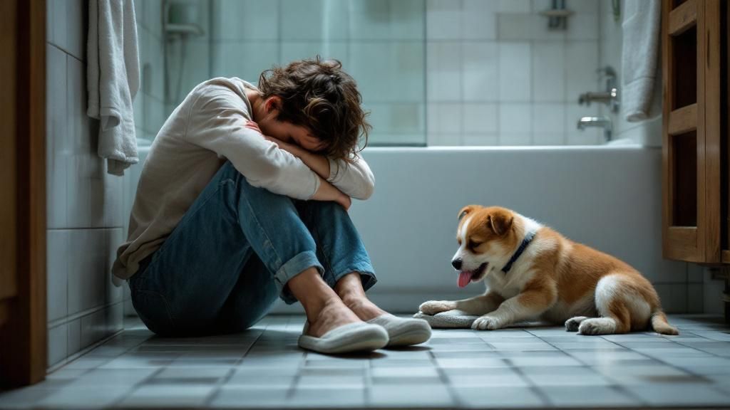 A person sitting on a tiled bathroom floor, looking exhausted, with a playful pu