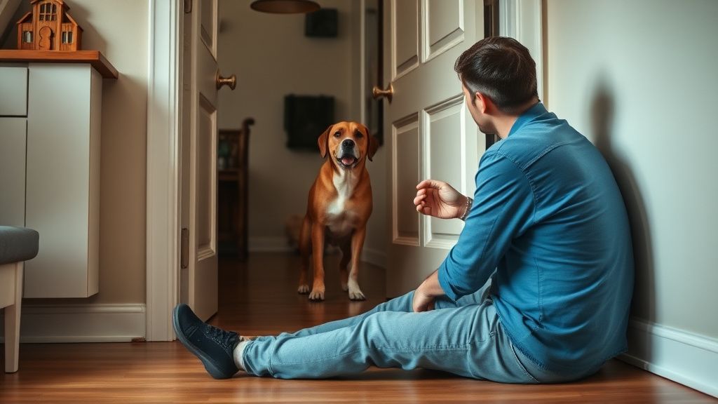 A person sitting on the floor inside their home, observing a dog through a sligh