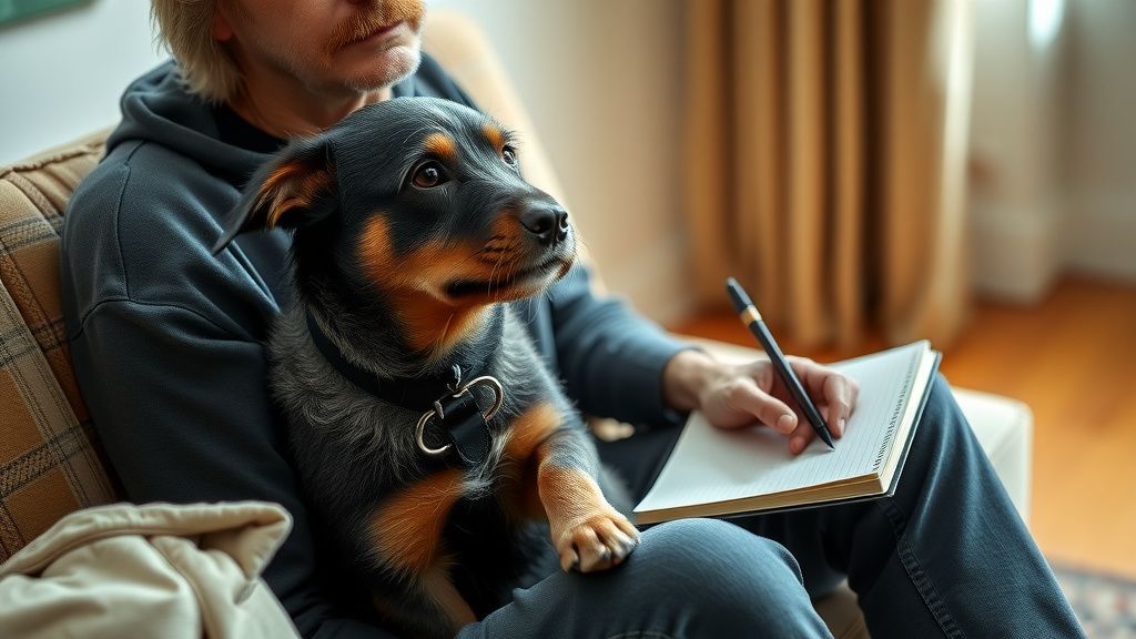 A person sitting thoughtfully with their dog, a notebook and pen nearby, as if a