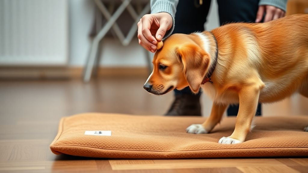 A person using a treat to guide their dog onto a designated mat or bed during a 