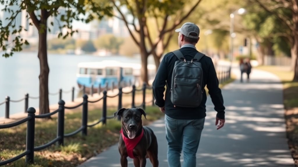 A person walking a dog on a bustling, leafy city trail alongside a scenic urban 