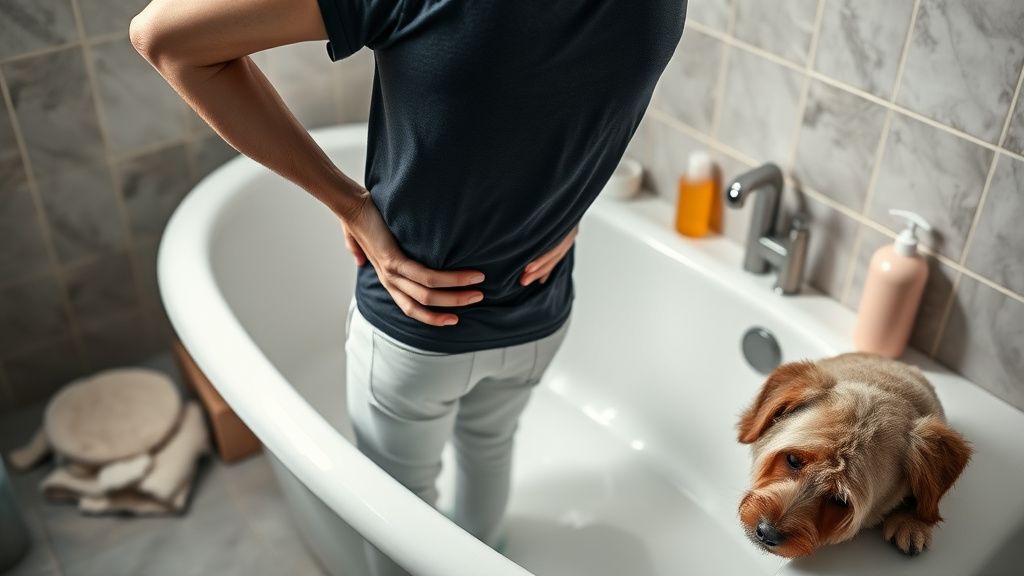 A person with a pained expression holding their lower back, standing next to a w