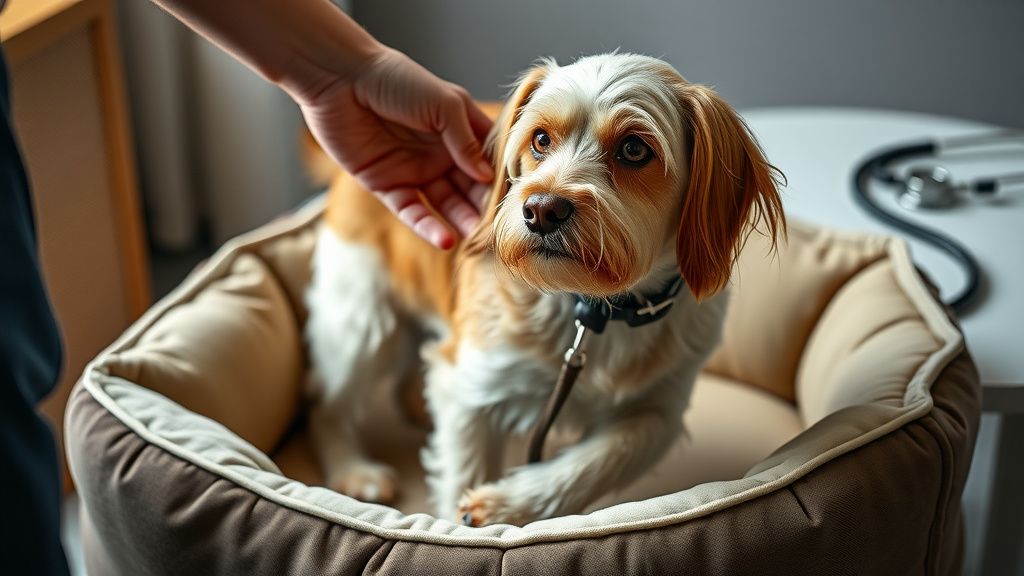 A person's hand gently helping an older dog to stand up from a comfortable dog b