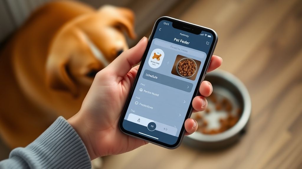 A person's hand holding a smartphone showing a sleek app interface for a pet fee