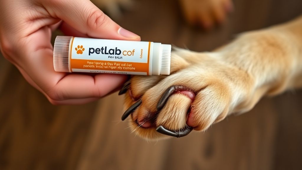 A person's hand holding the PetLab Co. paw balm stick, applying it directly to t