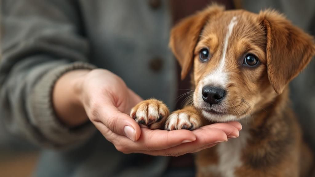 A person's hands demonstrating a simple, self-invented hand signal for 'sit' in 