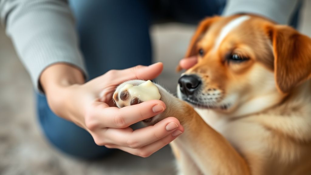 A person's hands gently massaging a small amount of balm onto a dog's paw pad, w