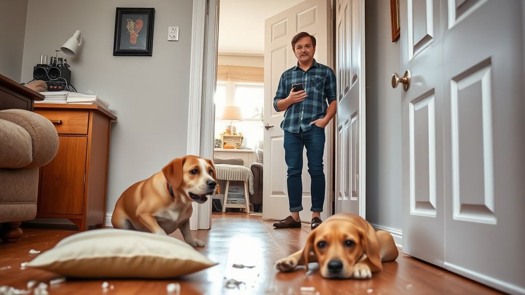A photo of a concerned dog owner standing in a doorway, looking at a scene of mi