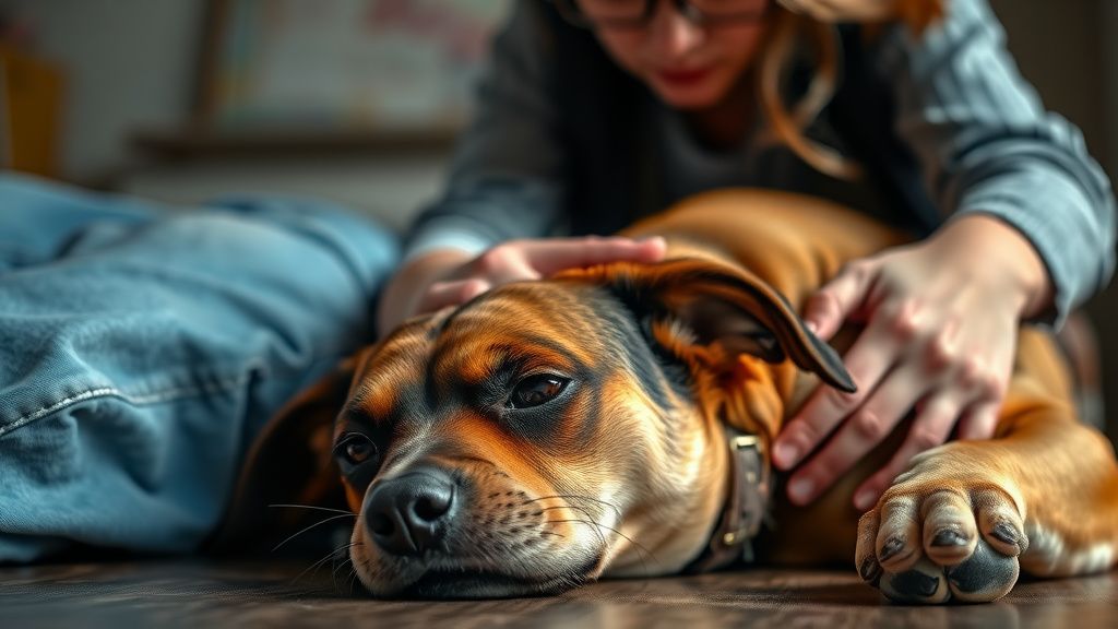 A photo of a concerned owner gently comforting a lethargic dog lying down, conve