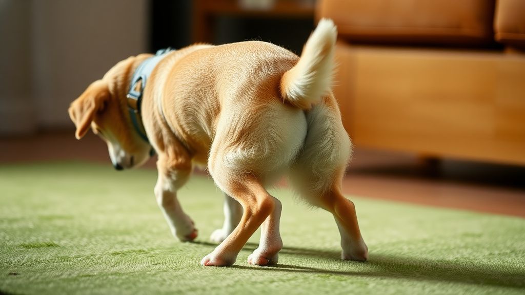 A photo of a dog exhibiting the classic 'scooting' behavior, dragging its rear a