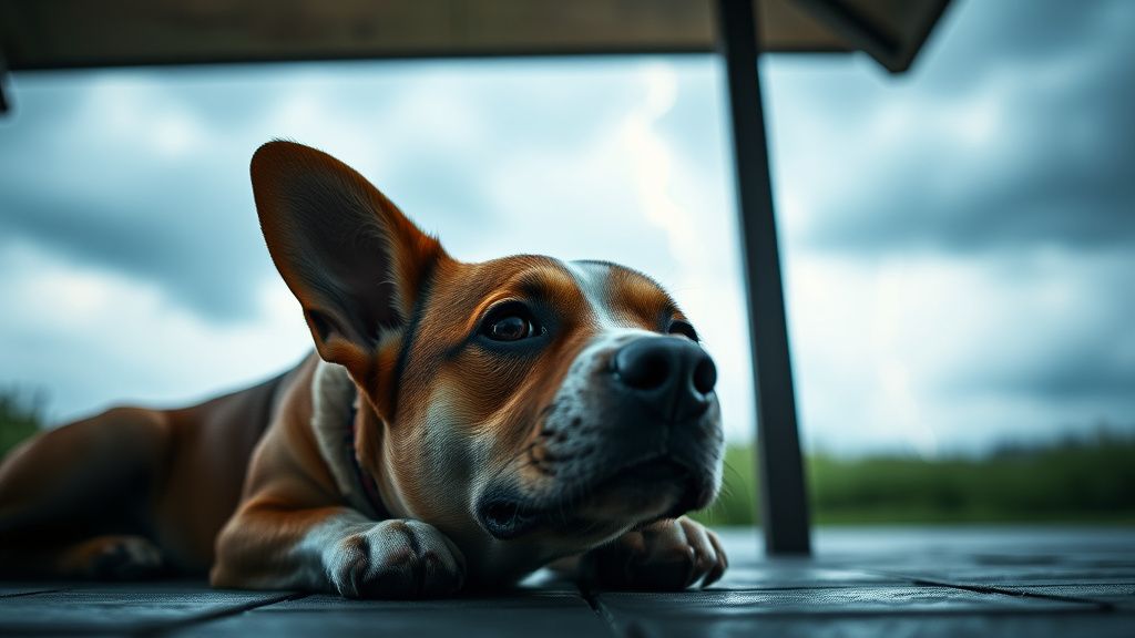 A photo of a dog showing clear signs of anxiety: ears back, hunched posture, hid