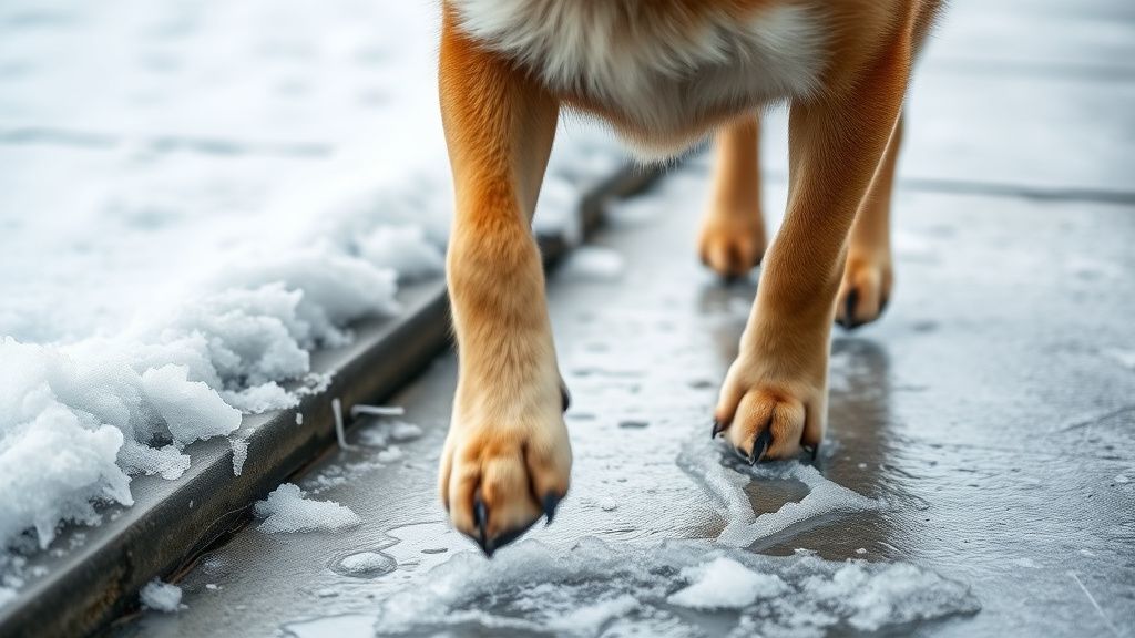 A photo of a dog walking on a salt-crusted, icy winter sidewalk, focusing on its