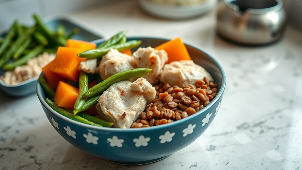 A photo of a fresh, vibrant meal for a dog in a bowl, featuring cooked chicken,