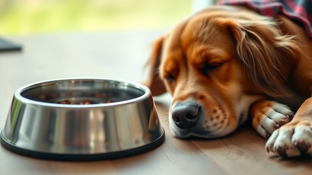 A photo of a full, untouched dog food bowl next to a sleeping senior dog, illust