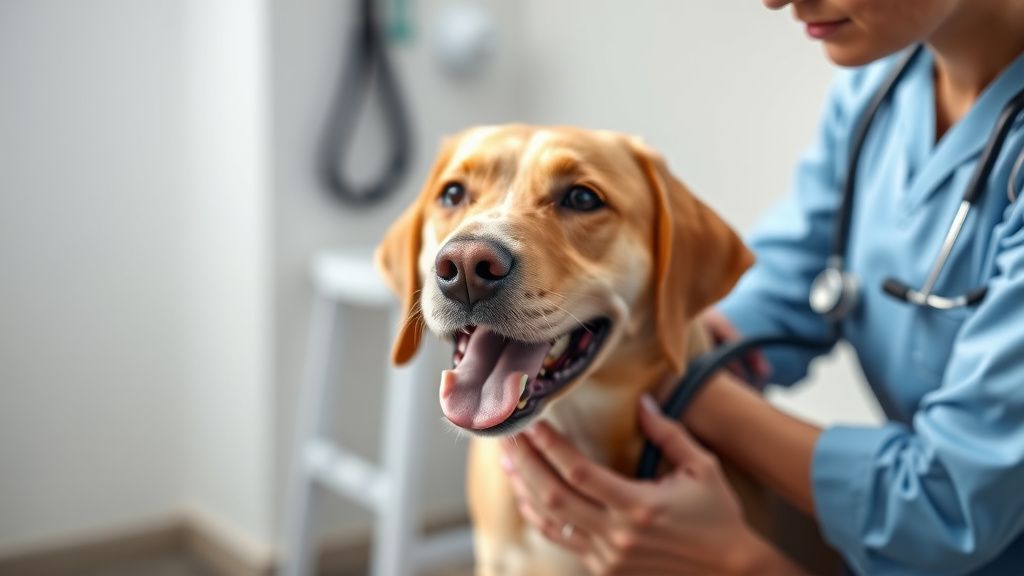 A photo of a happy, healthy adult dog (like a Labrador) sitting attentively duri