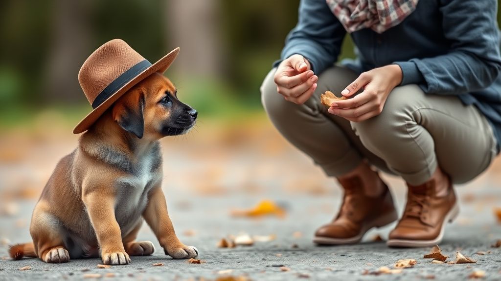 A photo of a hesitant puppy looking at a person in a hat from a comfortable dist