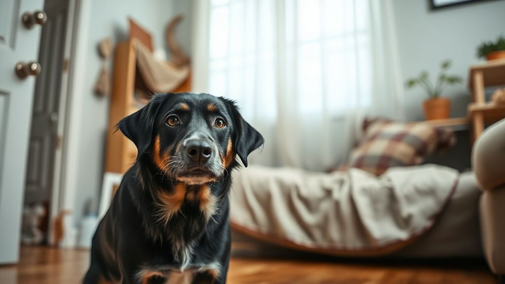A photo of a mildly damaged home interior (e.g., a chewed pillow or scratched do