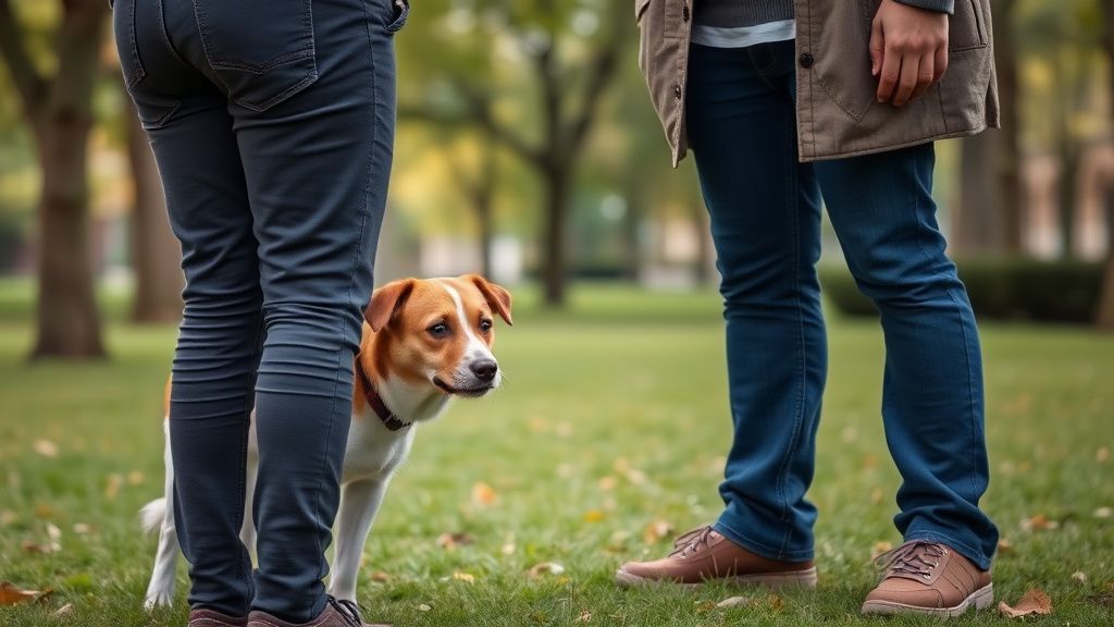 A photo of a nervous dog slightly cowering behind its owner's legs, while a calm