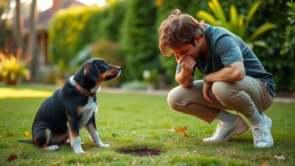 A photo of a person thoughtfully observing their dog in the yard, perhaps kneeli