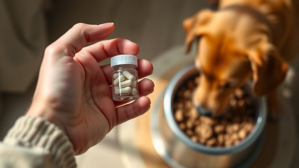 A photo of a person's hand holding a small container of veterinary probiotic pow