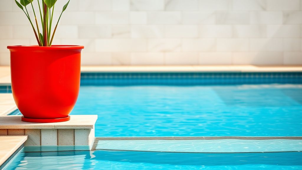 A photo of a pool's steps with a large, bright red potted plant positioned right