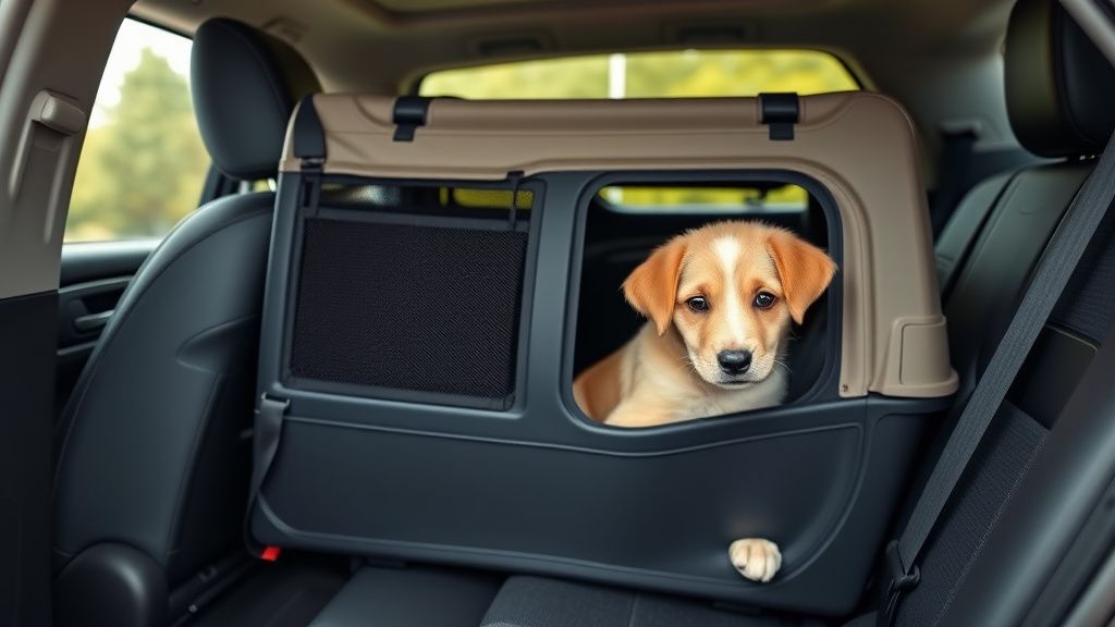 A photo of a secure, well-ventilated travel kennel (soft-sided or hard plastic)