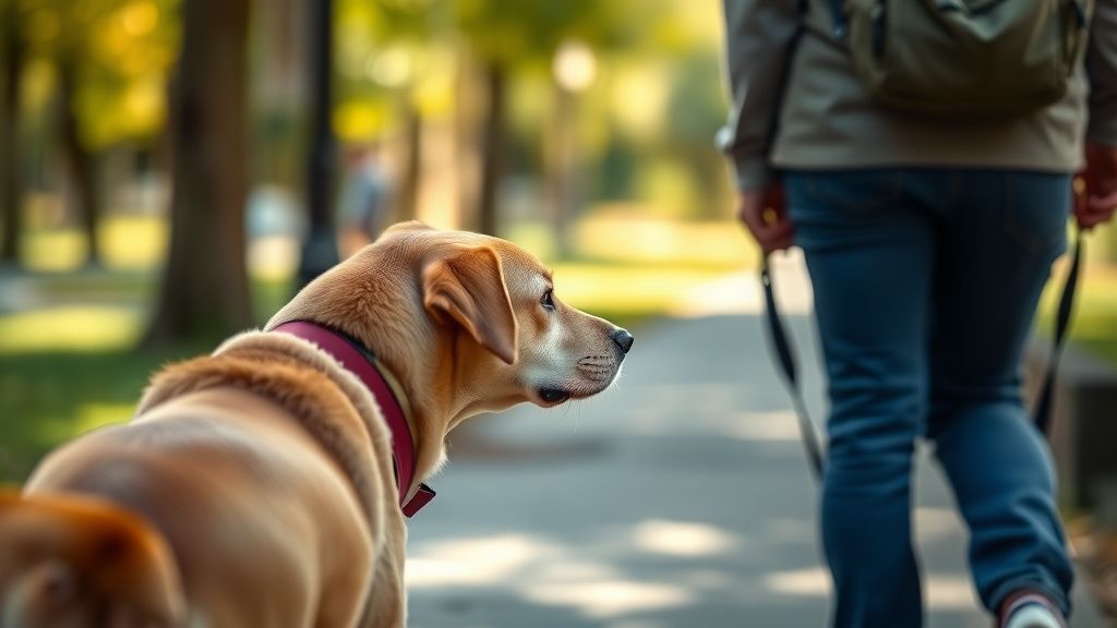 A photo of a senior dog on a walk, pausing to look back at its owner, as if chec