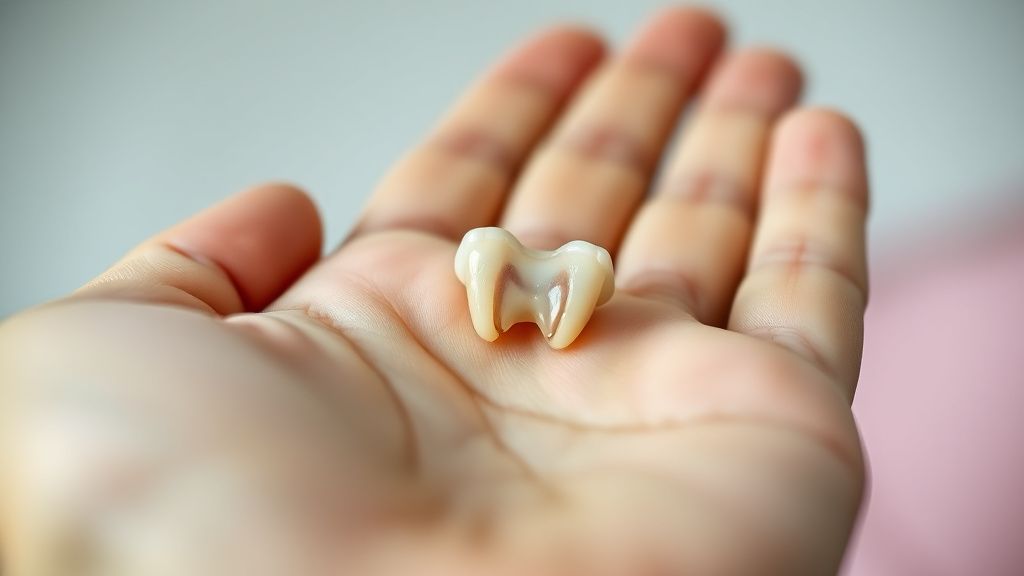 A photo of a small, clean puppy baby tooth resting on a person's open palm for s