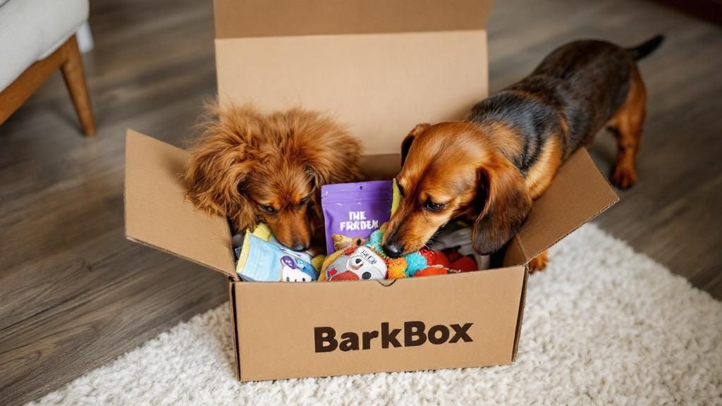 A photo of an opened BarkBox subscription box on a floor, showcasing its themed 