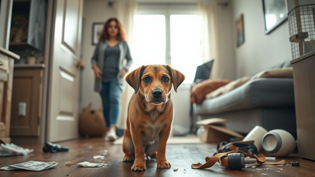 A photo showing a concerned dog owner returning home to a mildly damaged room, w