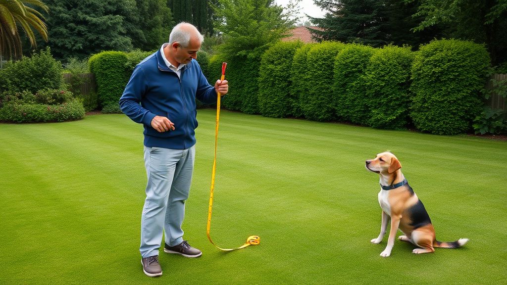 A photo showing a dog trainer surveying a large, flat, green grassy backyard, ho