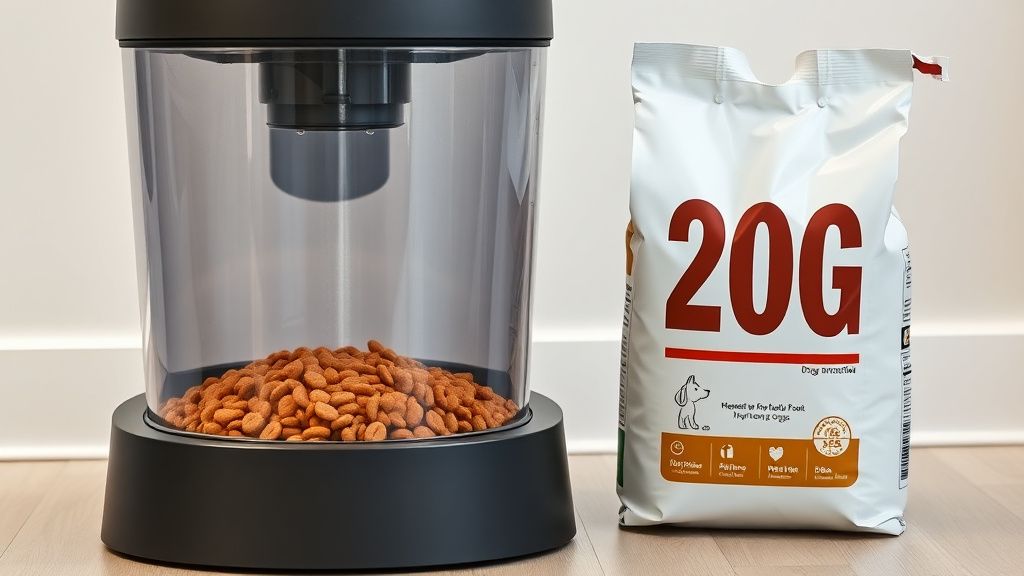 A photo showing a large automatic feeder with a transparent hopper full of kibbl