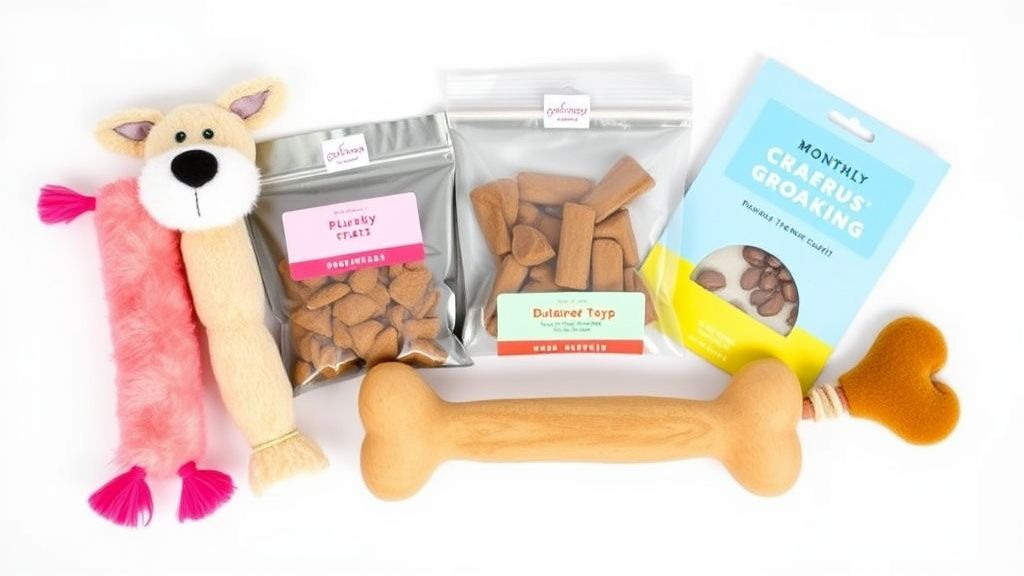 A photo showing a neatly arranged selection of items from a dog subscription box