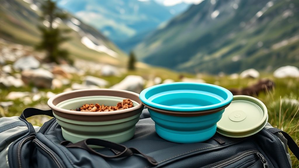 A photo showing lightweight, collapsible silicone bowls and a portable food cont