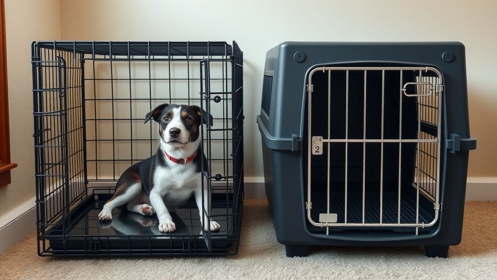 A photo showing two different crate types (a wire crate and an airline-style cra
