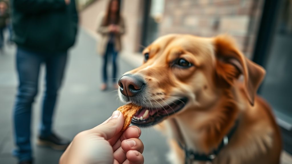 A photo taken from the dog's perspective, showing a person (the owner) holding o