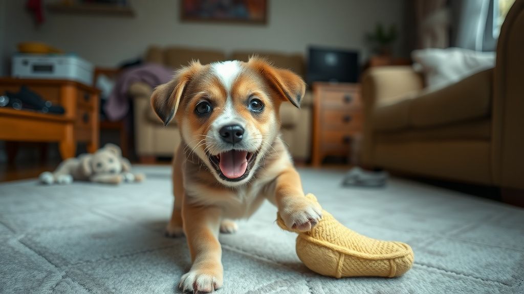 A playful, energetic puppy in a slightly messy living room, with a chewed slippe