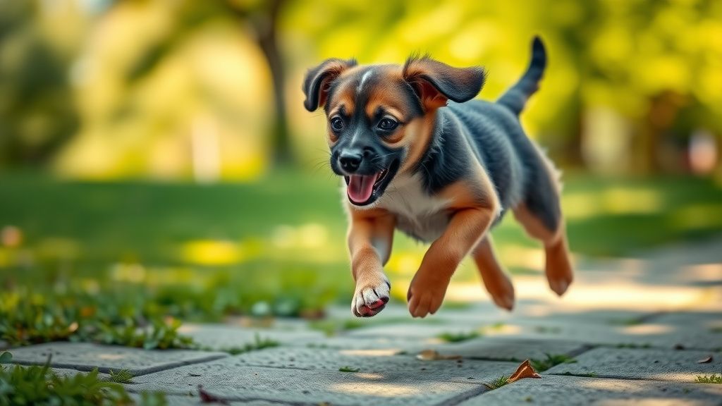 A playful, energetic puppy mid-stride, with muscles visibly engaged, running in