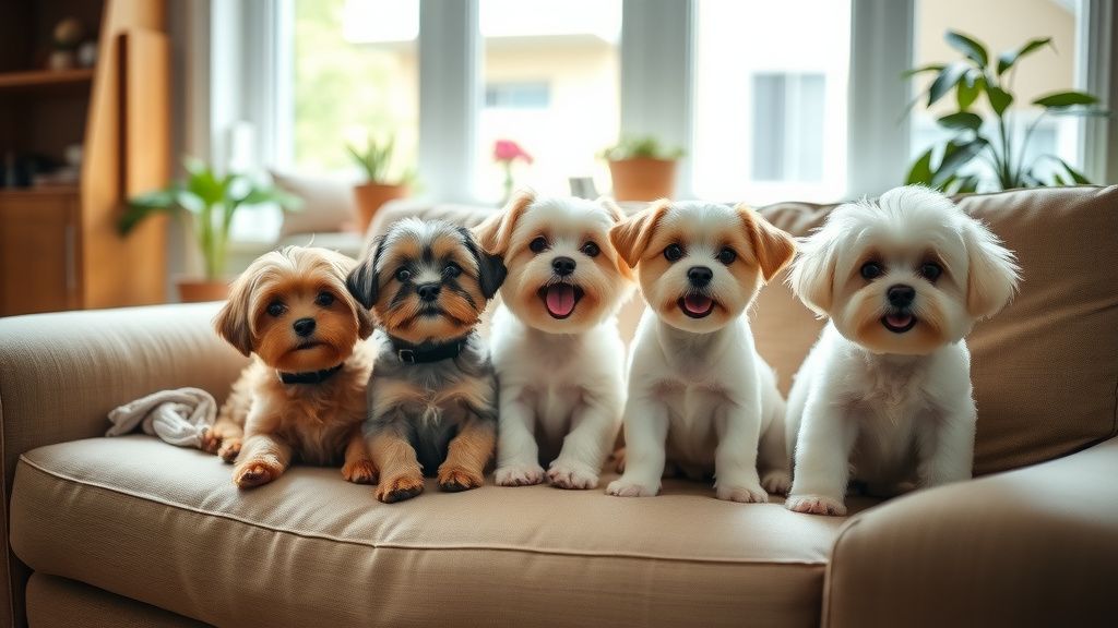 A playful group of small, fluffy dogs (like a <a href=