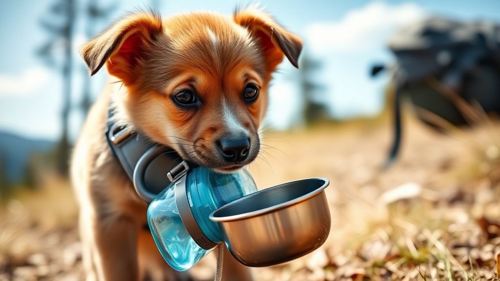 A playful puppy eagerly drinking from a portable water bottle with an attached b
