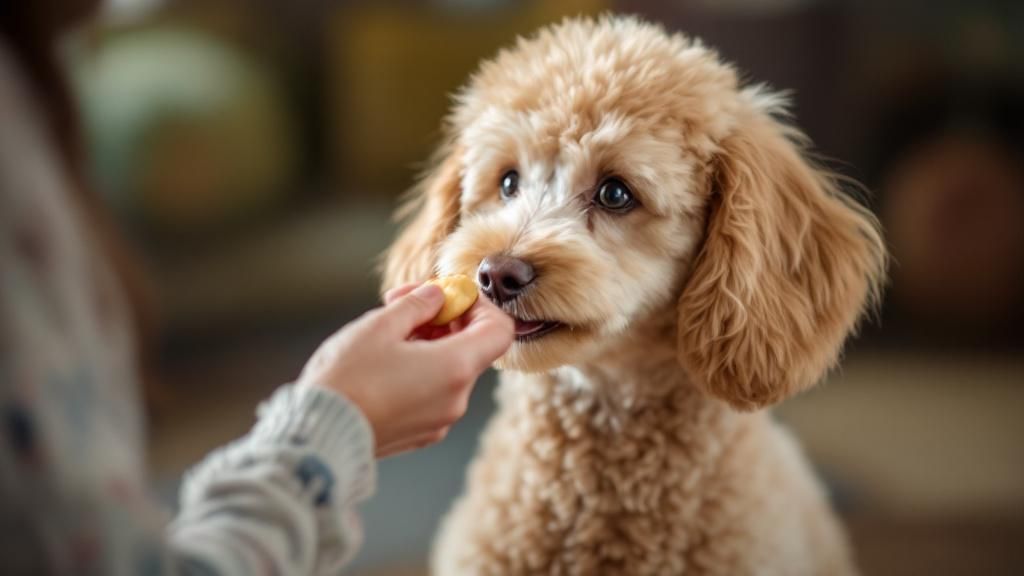 A Poodle in a training session, focused on its owner's hand holding a small, sof