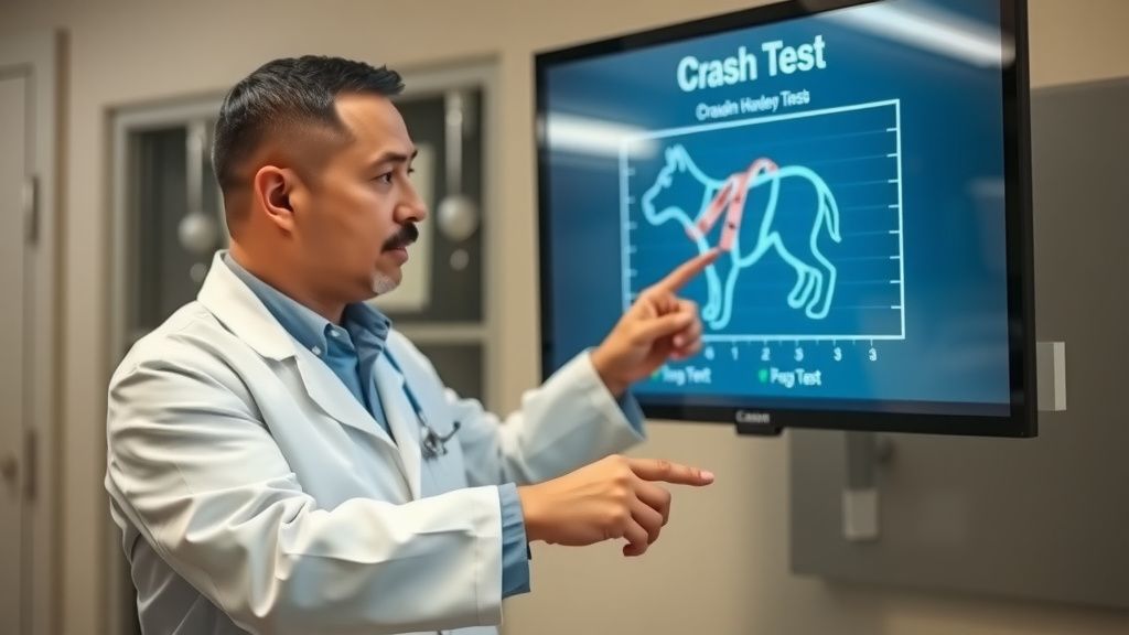 A professional veterinarian in a lab coat pointing to a crash-test diagram of a