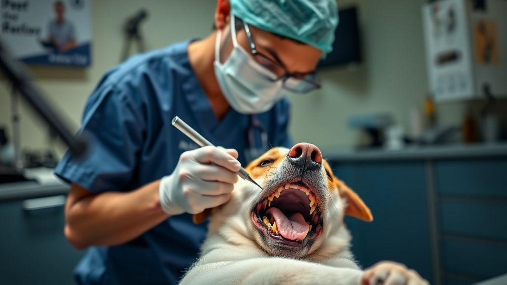 A professional veterinary setting where a vet in scrubs is performing a detailed