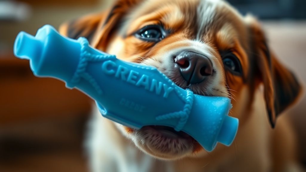 A puppy chewing on a textured, blue frozen chew toy, with a look of focused reli
